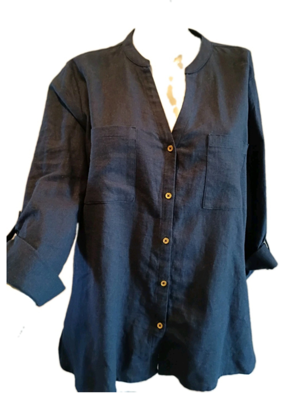 ANNE KLEIN-Cammie-Sz XL-Linen Blend Button Front Roll Tab Sleeves Cosmos Blue
